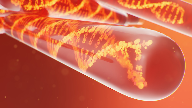 DNA molecule, its structure. Concept human genome. DNA molecule with modified genes. Conceptual illustration of a dna molecule inside a glass test tube with liquid. Medical equipment, 3D illustration